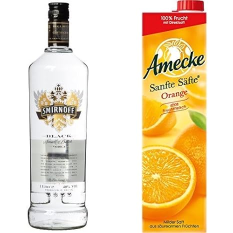 Smirnoff Black Label Vodka (1 x 1 l) mit Amecke Sanfte Säfte Orange, 6er Pack (6 x 1 l)