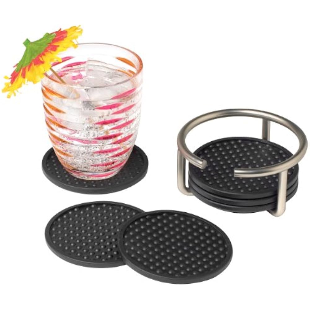 Flexible Silicone Coasters with Metal Coaster Holder, Satin Nickel, 6