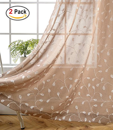 Miuco Floral Embroidery Semi Sheers Curtain Faux Linen Grommet Window Curtains for Office 52 x 95 Inch 2 Panels, Taupe