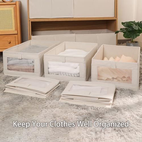 Niviy 4 x Foldable Cotton and Linen Fabric Clothes Storage Box with Transparent Window for Shelf, Laundry, Toys, Books 41 x 28 x 17 cm Beige