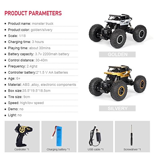 Outsta Off-Road RC Climbing Car,1:18 Scale Mouster Car, 2.4Ghz 4WD Alloy High Speed Racing Cars,Vehicle Toy Remote Control Car Electric Cars Truck-Gold or Sliver,Gift for Boys (Silver)