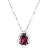 KOKAV 14K White Gold Genuine Garnet Diamonds Teardrop Necklace Pendant 7/8 Ct