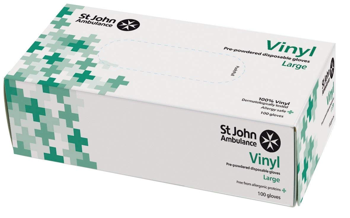 St John Ambulance Disposable Gloves, Vinyl, Powdered, 100 Pieces L