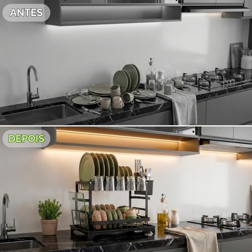 Escorredor de Louça Aço Inox 2 Andares Moderno com Drenagem Automática, Porta Talheres e Bandeja Coletora, Organizador de Pia para Pratos Copos e Utensílios, Resistente e Compacto
