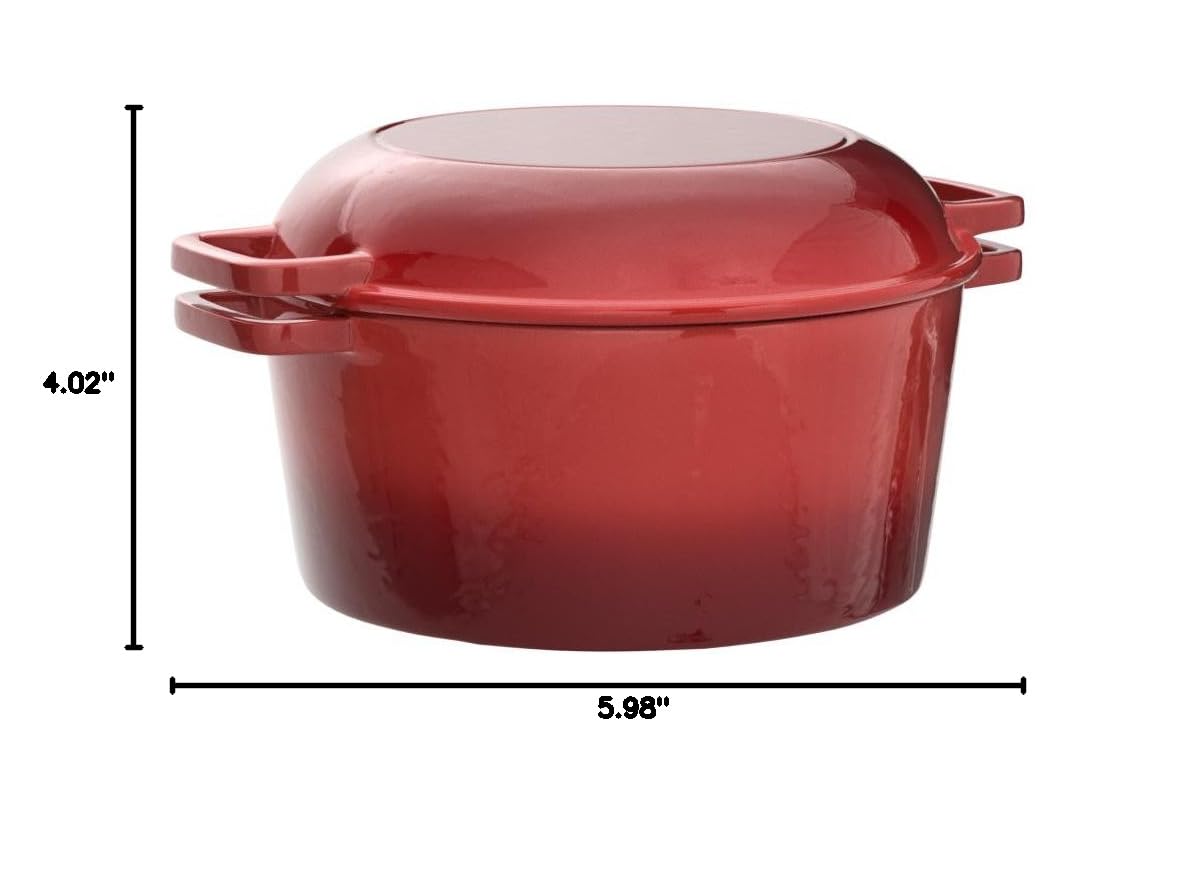 Bruntmor 2-in-1 Pre-Seasoned Cast Iron Dutch Oven with Skillet Lid - 5 Qt Round Cast Iron Pot for Bread, Casserole, Braising - Heavy Duty Enamel Cookware Set, Double Dutch Oven - 13.5 x 7-Inch, Black