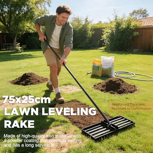 Lawn Levelling Rake uk with 200cm Long Handle, 75x25cm Leveling Base Ergonomic Effort Saving Garden Lawn Level Tool, Landscape Rake Soil Sand Dirt Ground Leveler Tool for Patio Yard Garden Golf Course