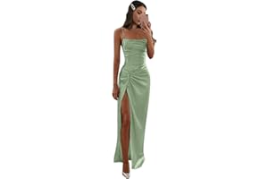 Boey Frek Mermaid Satin Bridesmaid Dresses for Women Wedding Spaghetti Straps Pleated Formal Evening Gown with Slit
