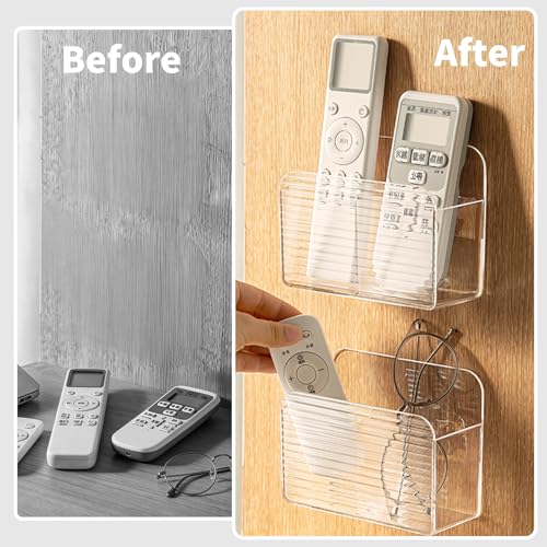 PAVSTINE 2-Piece Wall Remote Control Holder without Drilling, Self-Adhesive Remote Control Holder with Compartments, Multifunctional Remote Control Holder for Remote Controls and Media Players