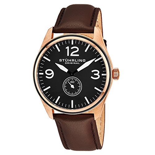 Stuhrling Original Men's 931.03 Aviator Rose Gold-Tone Stainless Steel Watch with Brown Leather Band