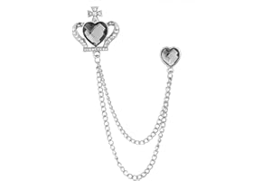 HSQYJ Gold Silver Plated Chain Heart Crown Brooches Collar Pins Crystal Rhinestone With Hanging Chain Suit Shirt Lapel Brooch Pin Fashion Jewelry for Men Boy