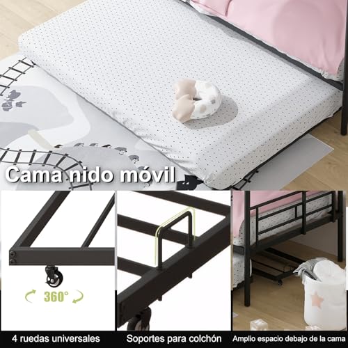 VirtuSync 200 x 105 cm Litera Individual con Cama Nido, Cama Triple para Adolescentes, Estructura Metálica Fuerte con Barandal Alto