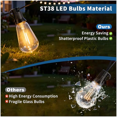 LangPlus+ 30M Solar Festoon Lights Outdoor Waterproof, 37+2 Shatterproof ST38 Edison Bulbs with 3 Lighting Modes, Outside Solar Powered String Lights for Backyard, Patio, Porch, Garden