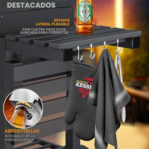 ® Parilla de Carbón con Carrito Grill con Tapa, Ruedas, Mango de Acero Inoxidable | Barbacoa y Termómetro Carbón Grande BBQ Asador Camping, Terraza, Jardín XL Gris