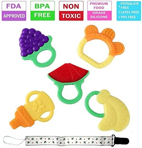 Baby Teething Toys – BPA Free Natural Organic Freezer Safe Soft Silicone Teether Set with Pacifier Clip for Toddlers &amp; Infants, 5 Pack