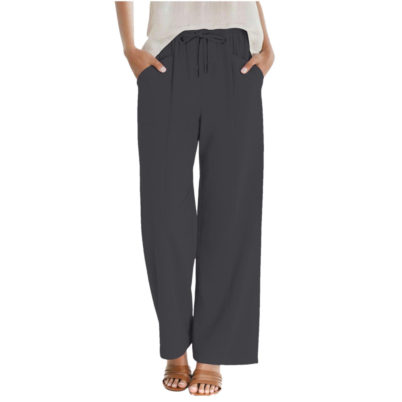 Cotton Linen Pants Women Wide Leg Summer Trousers Plus Size Drawstring Elastic Waist Casual Palazzo Pants with Pockets