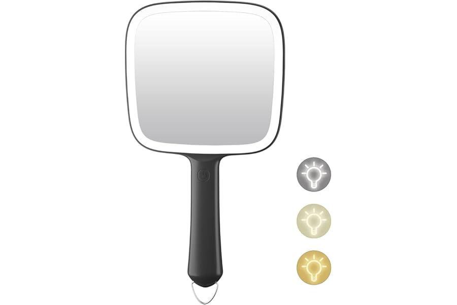 Famihomii Hand Mirror with 3 Light Color & Dimmable, Lighted Handheld Mirror, Lightweight & Durable, Portable & Hangable for Makeup Application, Hair Styling, Shaving, Battery Operated