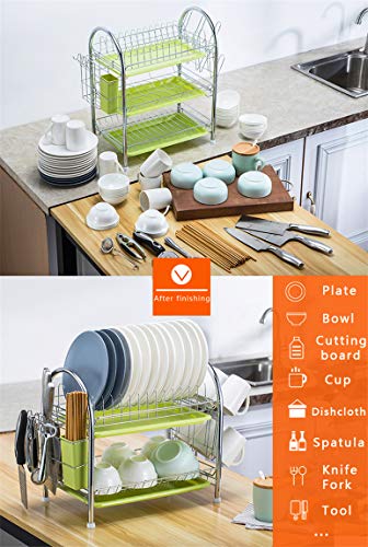 Dish Rack,Utensil Racks Kitchen Plate Rack 3 Tier Dish Drainer 15.3 x 9.8 x 18.9 Inches Silver Stainless Steel Dish Drying Rack with Removable Drain Board,Cutlery Drying Basket,Cutting Board Holder