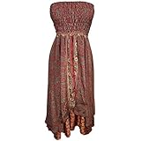 Mogul Womens Bohemian 2 In 1 Strapless Dress Maxi Skirts Gypsy Recycled Printed Vintage Sari Two Layer (Red)