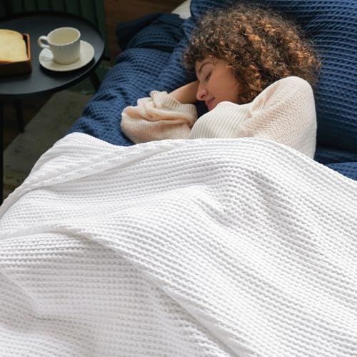 PHF 100% Cotton Waffle Weave Blanket Double Size 150 x 200cm, Pre-Washed Lightweight Breathable Throw Blanket, Oeko-TEX Certified for Bed Sofa, Home Decor, White