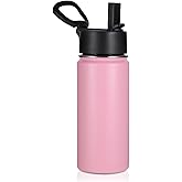 Volhoply Kids Insulated Water Bottle with Straw,16oz Stainless Steel Cold Water Bottles for School,BPA-Free Metal Wide Mouth Cups with Handle Lid,Reusable Double Wall Vacuum Sport Flask(Pink,1)