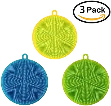 Multi-purpose Sink Brush, Cleaning Fruit and Vegetable, Multifunctional Antibacterial Silicone Washing Brush for Dishwashing, Heat-resistant Mat, Cleaning Pan Dish Bowl 3-Pack (Blue+Green+Yellow)
