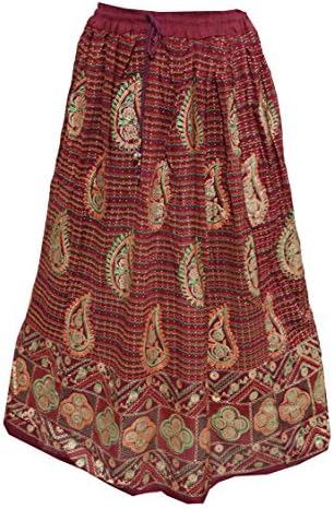 Yogachic Women's Rayon Maroon Printed Maxi Skirt