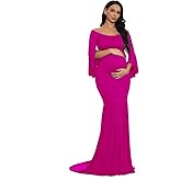 ZIUMUDY Maternity Retro Off Shoulder Flare Sleeves Mermaid Gown Maxi Photography Dress for Baby Shower