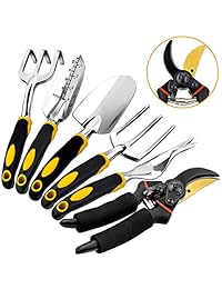 TVIRD Juego de herramientas de jardinería de 6 piezas con cabezales de aluminio fundido resistente y asas ergonómicas que incluyen 2 palas, horquilla de maleza, horquilla de mano y horquilla de mano, un puntero afilado.