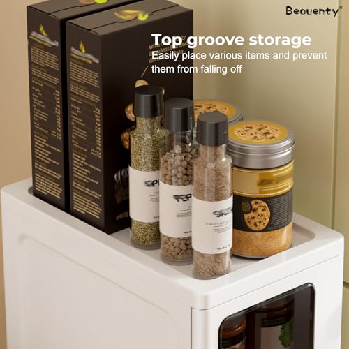 Beauenty Slim Bathroom Cabinet, 4-Tiers Narrow Storage Cabinet with Doors, Plastic Standing Bathroom Organizer, Floor Cabinets with Wheels for Kitchen, Bedside, Living Room (1Door 4Drawer)
