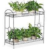 Topeakmart 2-Tier Metal Flower Stand Plant Stand Rack w/Tray Design Black
