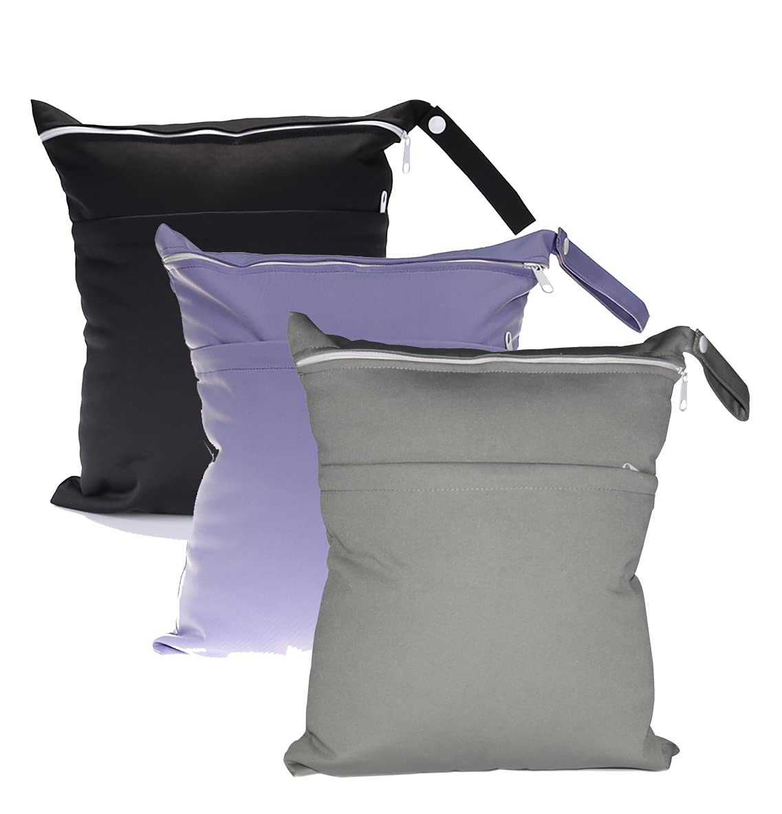 Egurs Wet Bag Wet Bag 3 Pieces 30 x 36 cm Large Plain Nappy Bag Reusable Nappy Bag Organiser Bag with Two Zip Pockets Black + Grey + Lavender