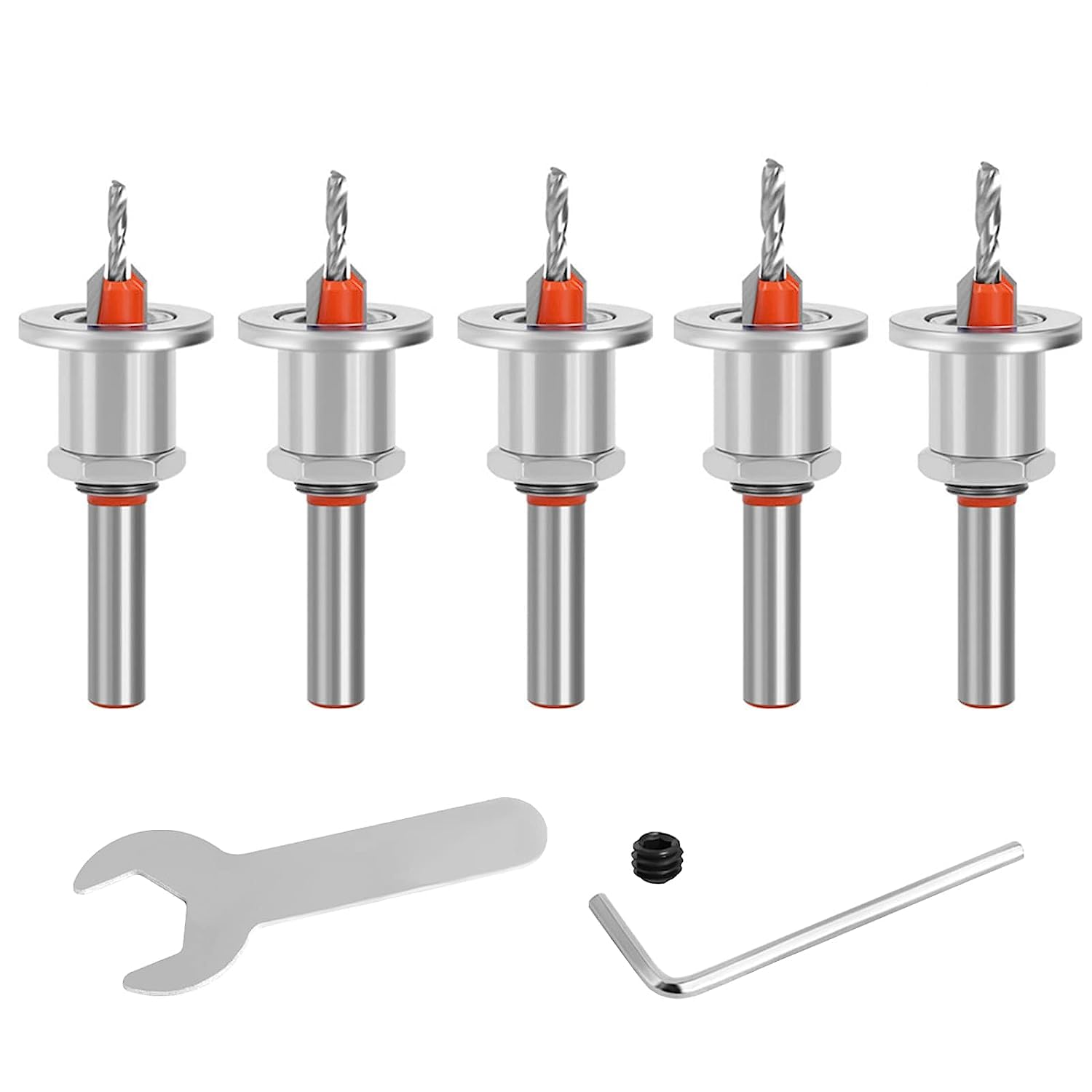 5PCS Quick Change 8mm Round Shank Adjustable Countersink Drill Bit Set, 2.8-4mm Cone Drill Counterbore Router Drill Bit with Stop Screw for Woodworking Hole Drilling Opening Cutting Tools