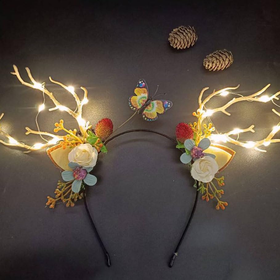 Clataly LED Light up Headband Glowing Reindeer Antlers Hair Accessories Luminous Tiara Christmas Party Hair Hoop Feather Headwear for Women (Warm light B)