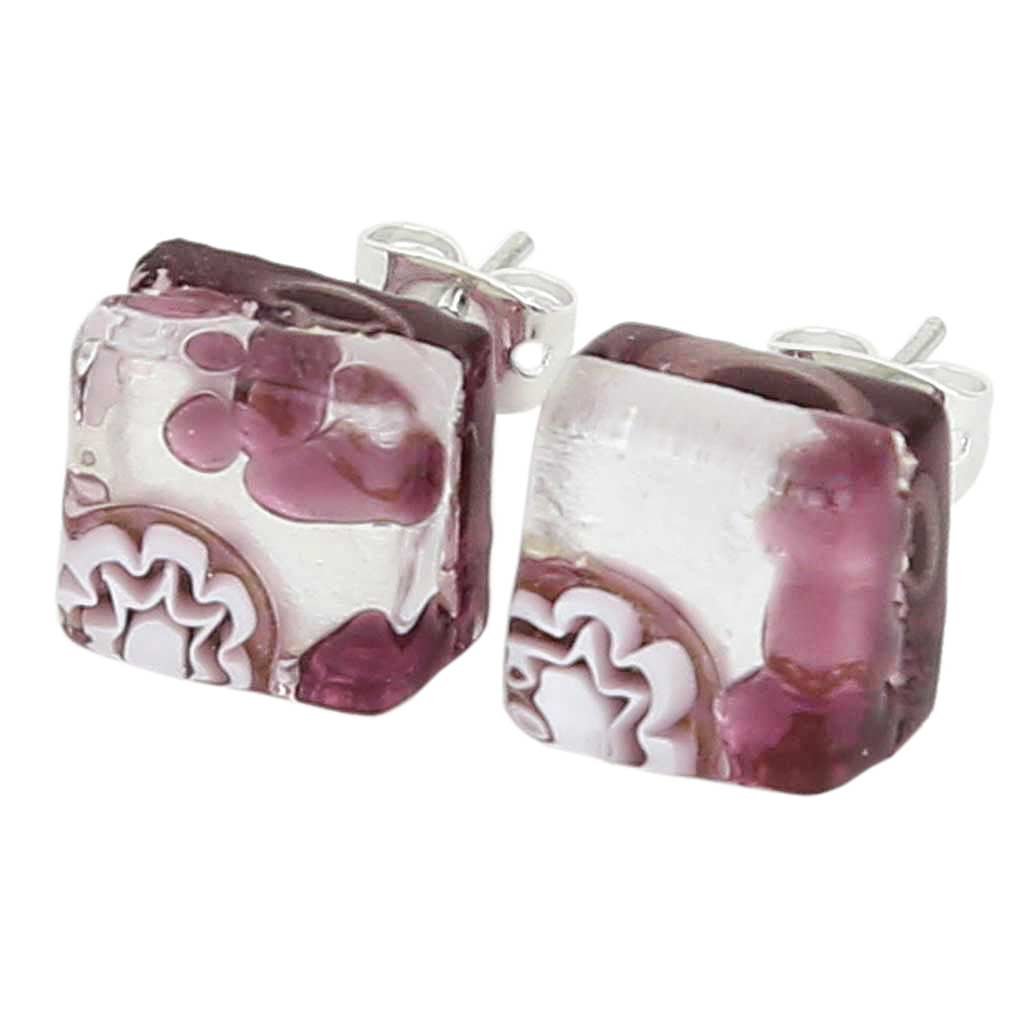 Glass Of Venice Murano Glass Venetian Reflections Square Stud Earrings - Purple Silver