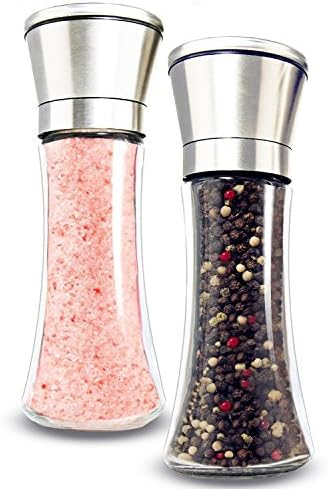 Stainless Steel Salt and Pepper Grinder Set Of 2 Brushed Salt Mill and Pepper Mill with Best Kitchen Gift-FREE Pastry Brush,6 Oz Glass Tall Body, 5 Grade Adjustable Ceramic Rotor by Puckware