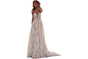 YMSHA Women's Beach Spaghetti Strap Wedding Dresses for Bride 2024 Boho Long Lace Bridal Gowns for Wedding YMS041