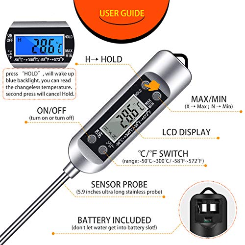 Cbiumpro Meat Thermometer, Ultra Long Probe Instant Read Digital Kitchen Food Thermometer for Cooking, Meat Grilling, Cheese, Yogurt, Baking, Candy, Milk, BBQ Smoker