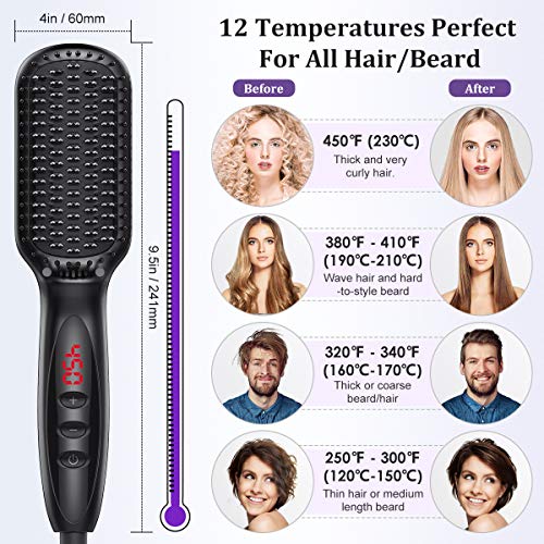 Hair Straightener Brush BFULL Anti-Scald Ionic Hair Straightening Brush Comb with LCD Display 12-Temp Settings 30s Fast Ceramic Heating, Perfect for Styling Hair/Beard