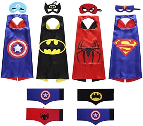 Comics Cartoon Superhero Dress Up Costumes 4 Satin capes with Felt masks and Bracelets for Kids