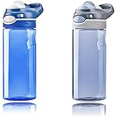 DEARART 2-Pack Blue and Grey Water Bottles No Straw, 100% Leakproof Lockable Button Flip Up Lid Clear Bottle, Has Handle Easy Carry for Sport Office School, 20oz.