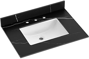 LOCALAND 30" x 22" Vanity Top with Sink,Sintered Stone Black Marquina Vanity Top with Undermount Ceramic Sink & 4" Backsplash,8 Inch Faucet Hole Spread Bathroom Vanity Sink Countertop