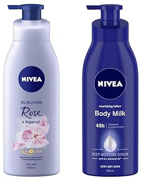NIVEA Oil in Lotion, Rose and Argan Oil, 400ml and Nivea Nourishing Lotion Body Milk with Deep Moisture Serum and 2x Almond Oil for Very Dry Skin, 400m