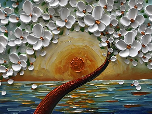 baccow White Oil Paintings 2448, Abstract 3D Flower Wall Decor Blue, Hand Painted Framed Wall Decorations for Living Room Bedroom Dining Room Bathroom Office