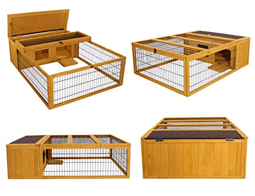 ROCKEVER Tortoise House Habitat Large Wood with Run, Wooden Small Animal Hutch Outdoor for Rabbits Chicks Guinea Pigs Metal Wire Playpen