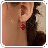 Aneneiceera Vintage Red Pearl Dangle Earrings Red Bead Earring Round Burgundy Stone Drop Earring Geometric Burgundy Ball Earrings Jewelry for Women