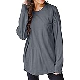 Wihion Women Oversized Long Sleeve T-Shirts Cotton Casual Crewneck Solid Tunic Tops with Pocket