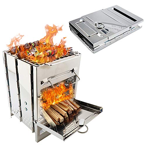 Wiixiong Outdoor Camping Stainless Steel Woodburning Stove, Home Portable Square Grill Rack Pan Roasters Charcoal Barbecue Oven Cookware Set