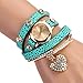 Women's Fashion Rhinstone Faux Leather Wrap Bracelet Quartz Watch with Heart Pendant (Light Blue)