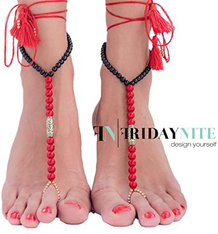FN Summer Collection Red&amp;Black - Pair Handmade Foot Accessoires Anklet Chain Bracelet Beach Jewelry (RedBlack)