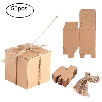 Haofy 50 Stück Kraftpapier Geschenkschachtel Set Retro Stil Geschenkverpackung Kraftpapier Box mit Geschenkanhänger Hanfseil 